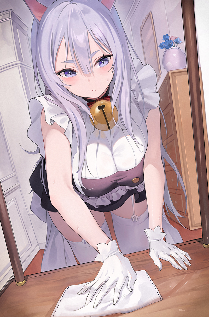 1girl animal_ears bare_arms bare_shoulders bell bent_over black_choker black_dress bow bowtie breasts cat_ears choker closed_mouth dress frilled_dress frills garter_straps gloves hair_between_eyes highres indoors jingle_bell large_breasts long_hair looking_down maid original purple_eyes rag short_dress silver_hair sleeveless sleeveless_dress solo sweat thighhighs very_long_hair white_gloves white_legwear yumaomi zettai_ryouiki