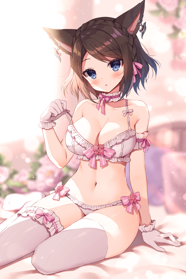 1girl :o animal_ears arm_garter arm_support bangs bare_shoulders black_hair blue_eyes blurry blurry_background blush bow bow_bra bow_panties bra braid breasts brown_hair cat_ears choker commentary_request commission depth_of_field ear_piercing earrings eyebrows_visible_through_hair facial_mark final_fantasy final_fantasy_xiv french_braid frilled_bra frilled_choker frilled_gloves frilled_legwear frilled_panties frills front-tie_bra front-tie_top gloves hand_up jewelry lingerie looking_at_viewer mauve medium_breasts miqo'te navel no_shoes panties parted_lips piercing pixiv_request ribbon_choker short_hair side-tie_panties sitting solo spaghetti_strap stomach strap_pull string_bra swept_bangs thighhighs underwear underwear_only whisker_markings white_bra white_gloves white_legwear white_panties yokozuwari