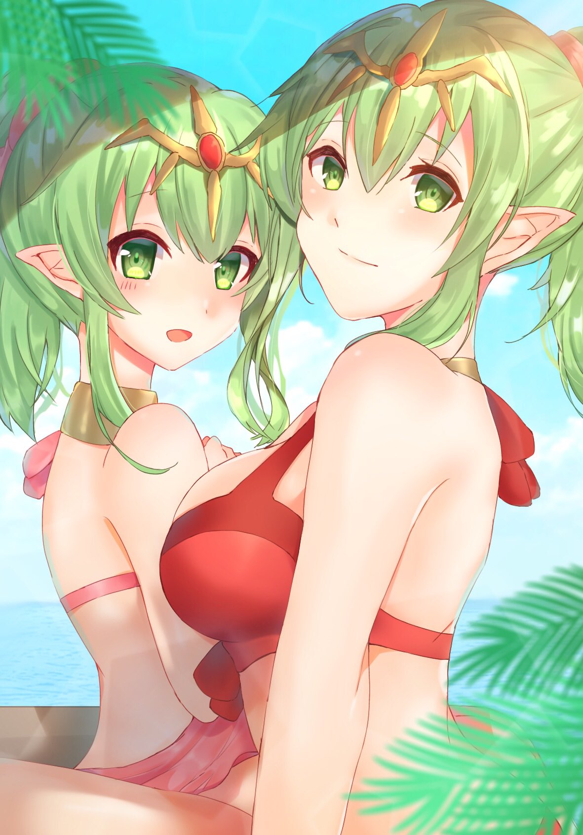 2girls age_difference alternate_costume bikini blue_sky breasts dual_persona edamameoka fire_emblem fire_emblem_heroes green_eyes green_hair highres jewelry large_breasts looking_at_viewer multiple_girls necklace ocean open_mouth pink_swimsuit pointy_ears ponytail red_bikini sky smile swimsuit tiara tiki_(fire_emblem) time_paradox