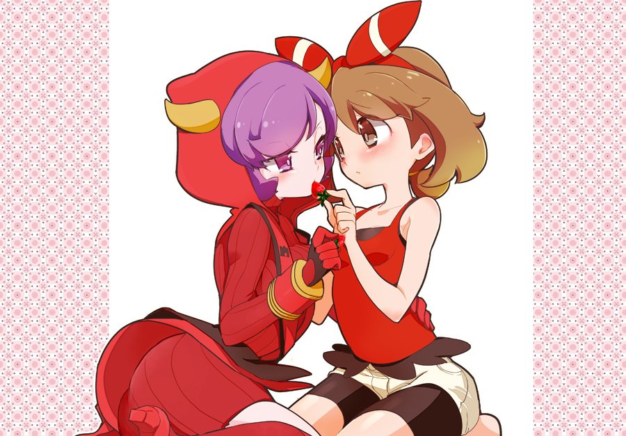 2girls bike_shorts blush breasts brown_hair chorimokki closed_mouth courtney_(pokemon) fake_horns food fruit gloves hood hoodie horned_headwear horns long_hair may_(pokemon) multiple_girls pokemon pokemon_(game) pokemon_oras purple_eyes purple_hair ribbed_sweater ribbon short_hair shorts strawberry sweater team_magma_uniform yuri