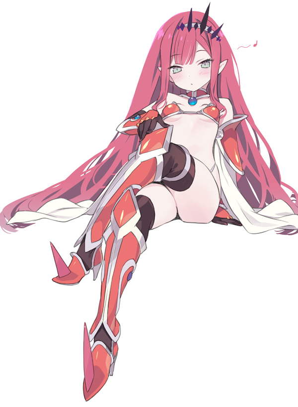 1girl armor armored_boots bangs bare_shoulders bikini_armor black_legwear blade_(galaxist) blush boots breasts cape cosplay crossed_legs elizabeth_bathory_(brave)_(fate) elizabeth_bathory_(brave)_(fate)_(cosplay) elizabeth_bathory_(fate)_(all) eyebrows_visible_through_hair fate/grand_order fate_(series) grey_eyes long_hair looking_at_viewer loose_bikini medium_breasts musical_note navel pauldrons pink_hair pointy_ears red_armor shoulder_armor sidelocks silver_trim sitting solo thighhighs tiara tristan_(fairy_knight)_(fate) vambraces white_cape