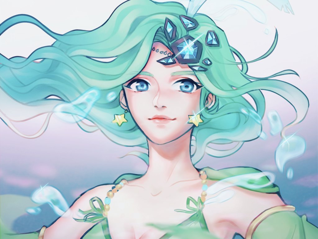 1girl blue_eyes cape closed_mouth dddagneo detached_sleeves earrings final_fantasy final_fantasy_iv green_hair hair_ornament jewelry long_hair looking_at_viewer older rydia smile solo