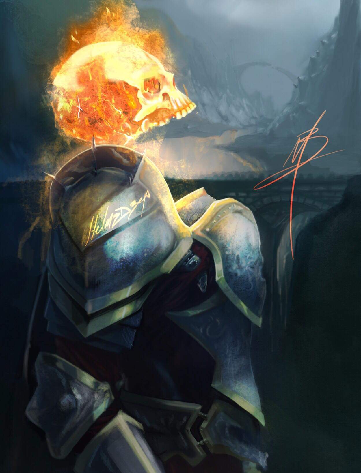 1other ambiguous_gender armor arms_at_sides bridge english_commentary fantasy fire flaming_skull fog highres living_armor looking_away marty_eb medieval mountain no_neck open_mouth outdoors plate_armor procreate_(medium) runescape signature solo standing upper_body water