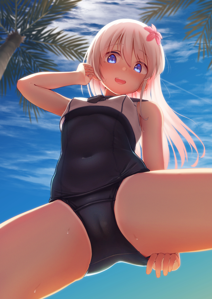 1girl arm_up ass bare_arms bare_legs bare_shoulders beach blue_sky blush breasts cameltoe clothes_pull cloud commentary_request covered_navel cowboy_shot crop_top eyebrows_visible_through_hair flower from_below hair_flower hair_ornament kantai_collection looking_at_viewer moose_(moosemitchell2) one-piece_swimsuit one-piece_tan open_mouth outdoors ro-500_(kancolle) sailor_collar school_swimsuit sky small_breasts smile solo spread_legs swimsuit swimsuit_pull swimsuit_under_clothes tan tanline