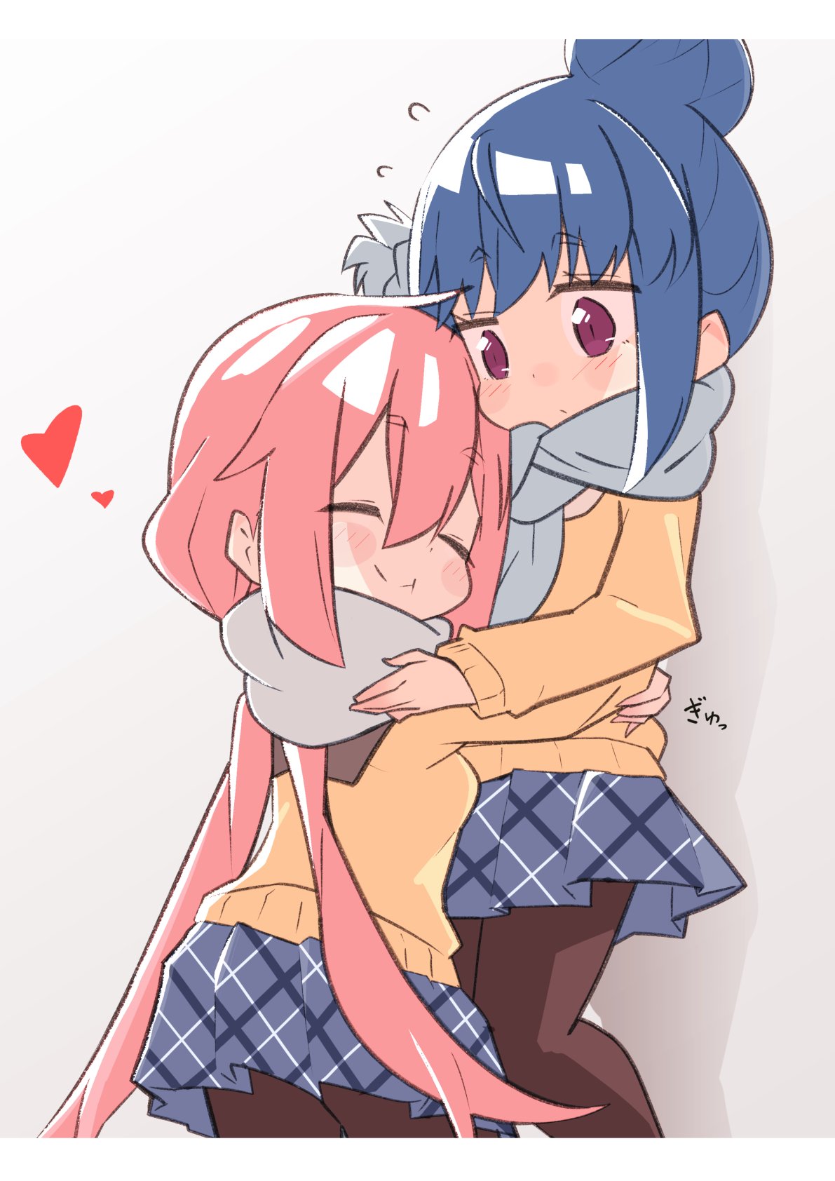 2girls :t aly_(eshikidori) blue_hair blush blush_stickers closed_eyes closed_mouth diagonal-striped_skirt dot_nose flying_sweatdrops hair_between_eyes hair_bun heart highres hug kagamihara_nadeshiko long_hair multiple_girls pantyhose pink_hair pleated_skirt pout purple_eyes ribbed_sweater scarf shima_rin shiny shiny_hair sidelocks skirt smile striped striped_skirt sweater yellow_sweater yuri yurucamp