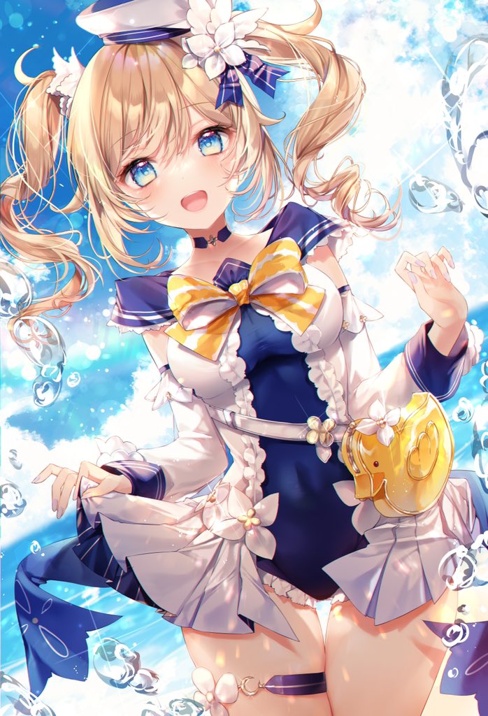1girl :d bangs barbara_(genshin_impact) barbara_(summertime_sparkle)_(genshin_impact) blonde_hair blue_eyes blue_sailor_collar blue_sky blurry blurry_background bow breasts bubble choker clothes_lift cloud cloudy_sky covered_navel detached_sleeves diffraction_spikes dress dutch_angle flower frills genshin_impact hair_flower hair_ornament hat lens_flare lifted_by_self long_hair long_sleeves looking_at_viewer medium_breasts ocean official_alternate_costume one-piece_swimsuit open_mouth outdoors pleated_dress pleated_skirt rainbow ribbon sailor_collar sailor_hat sidelocks skirt skirt_hold skirt_lift sky smile solo sparkle standing swimsuit taya_5323203 thigh_gap thighs tilted_headwear twintails white_headwear wrist_cuffs