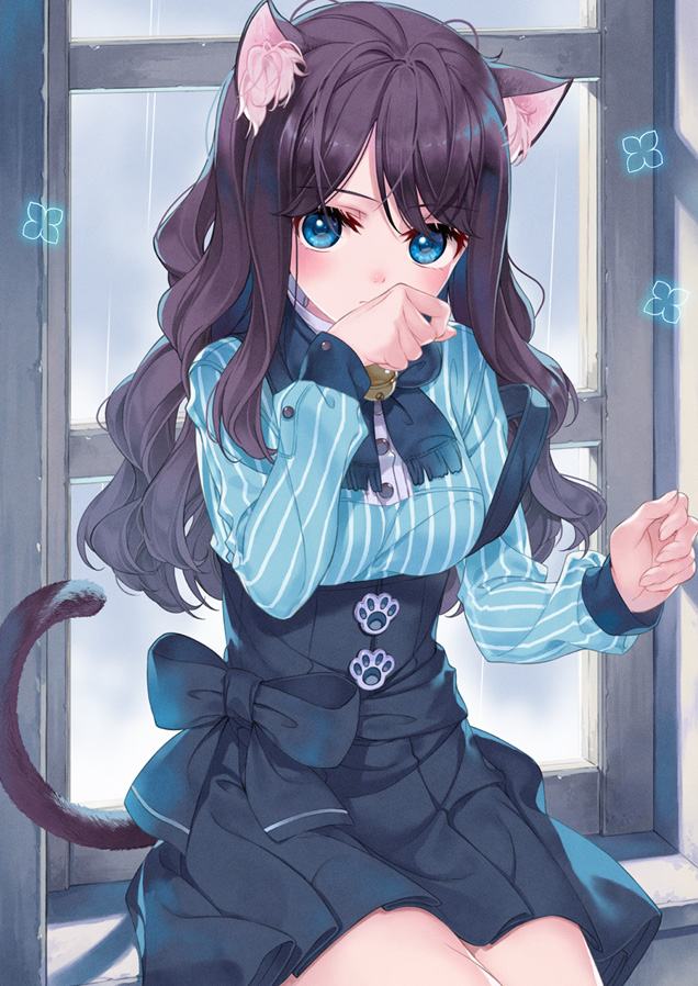 1girl amamiya_chiharu animal_ears bell black_hair blue_eyes breasts cat_button cat_ears cat_tail indoors jingle_bell long_hair long_sleeves medium_breasts original paw_pose sitting solo tail window