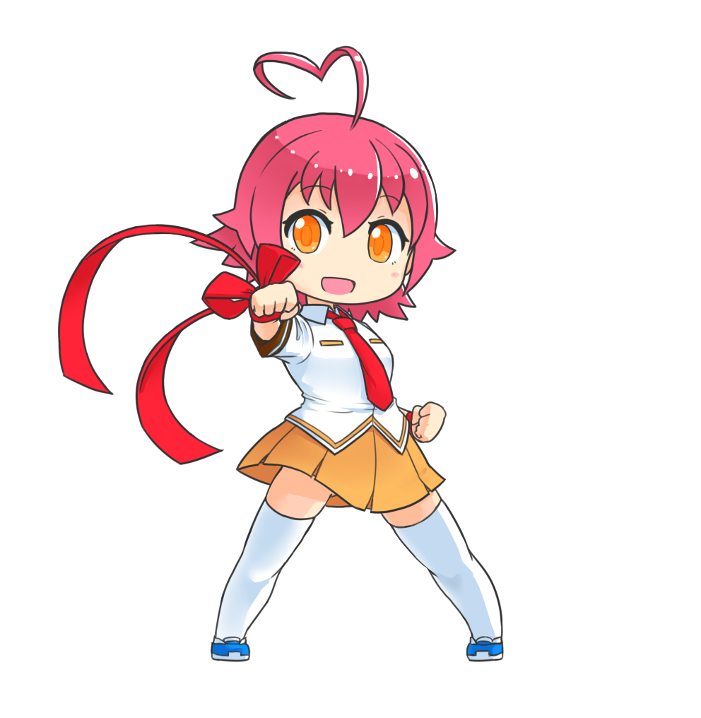 1girl :d ahoge aino_heart arcana_heart arm_ribbon bangs blue_footwear chibi clenched_hand collared_shirt eyebrows_visible_through_hair full_body looking_at_viewer misono_gakuen_school_uniform necktie open_mouth orange_eyes orange_skirt pecka pink_hair pleated_skirt red_neckwear red_ribbon ribbon school_uniform shirt short_hair short_sleeves simple_background skirt smile solo standing thighhighs white_background white_legwear white_shirt