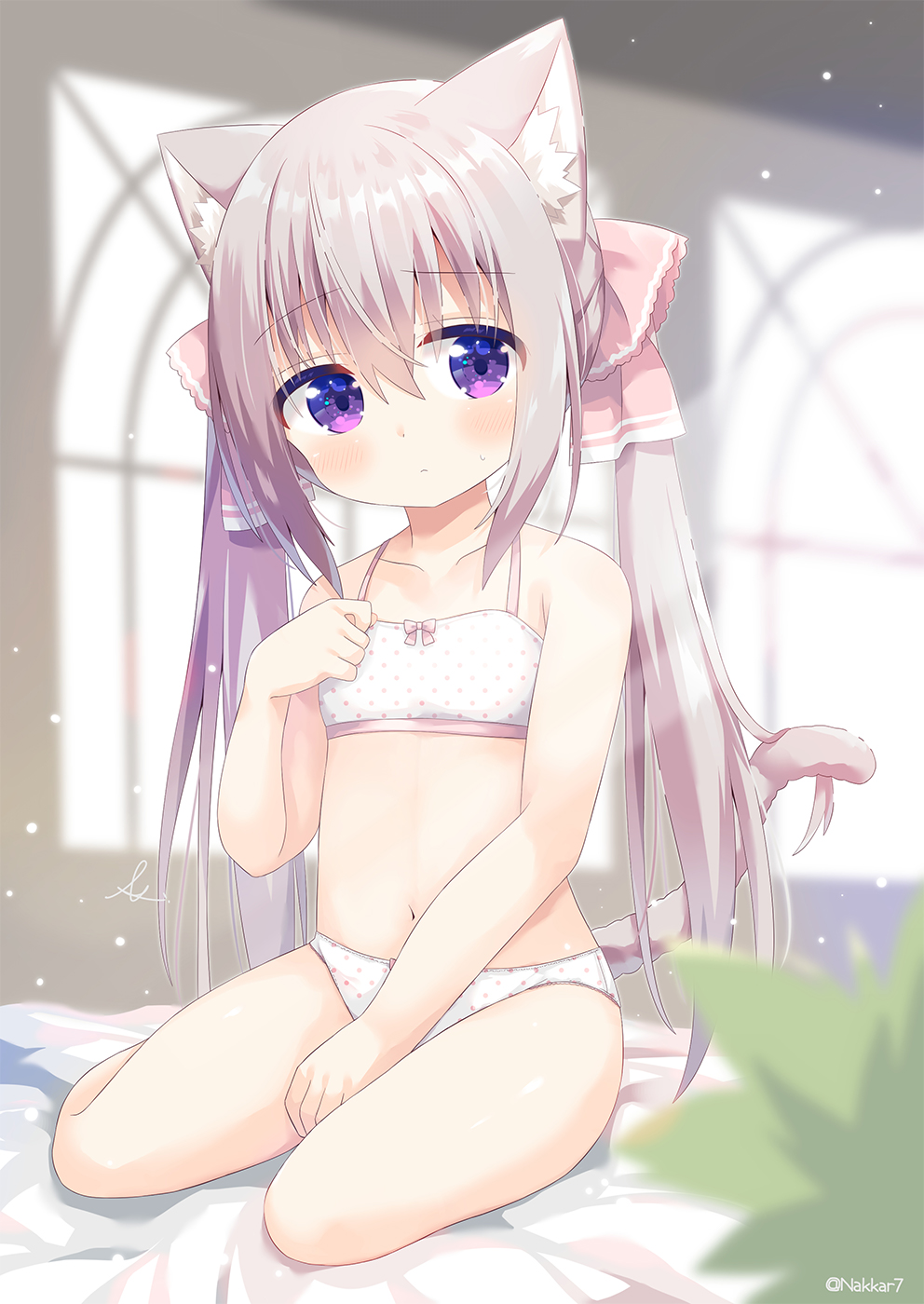 1girl animal_ear_fluff animal_ears bare_arms bare_shoulders bed_sheet blurry blurry_background blurry_foreground bow bow_bra bow_panties bra cat_ears cat_girl cat_tail collarbone commentary_request depth_of_field grey_hair hair_ribbon hand_up highres indoors long_hair nakkar navel original panties pink_ribbon polka_dot polka_dot_bra polka_dot_panties ribbon sitting solo tail twintails twitter_username underwear underwear_only very_long_hair white_bra white_panties yokozuwari