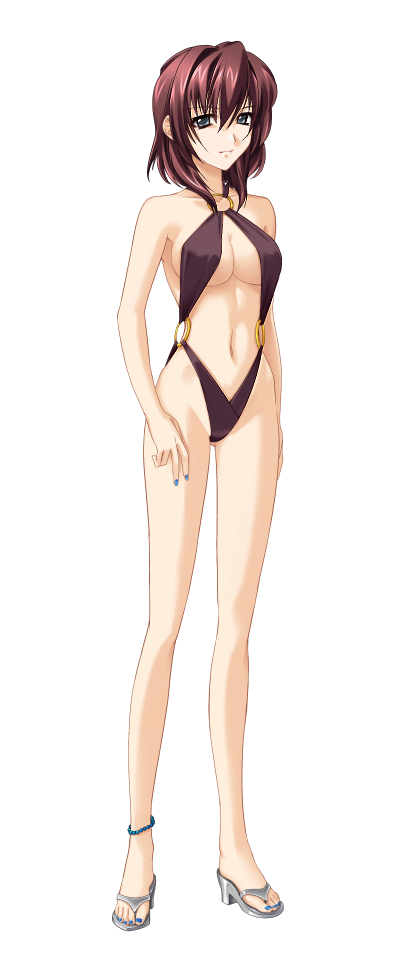 1girl anklet bangs black_swimsuit blue_nails bou breasts brown_hair casual_one-piece_swimsuit cleavage closed_mouth eyebrows_visible_through_hair full_body hair_between_eyes highleg highleg_swimsuit jewelry medium_breasts medium_hair munakata_misae muvluv_altered_fable nail_polish navel o-ring o-ring_swimsuit official_art one-piece_swimsuit shiny shiny_hair sideboob solo swimsuit tachi-e toenail_polish transparent_background