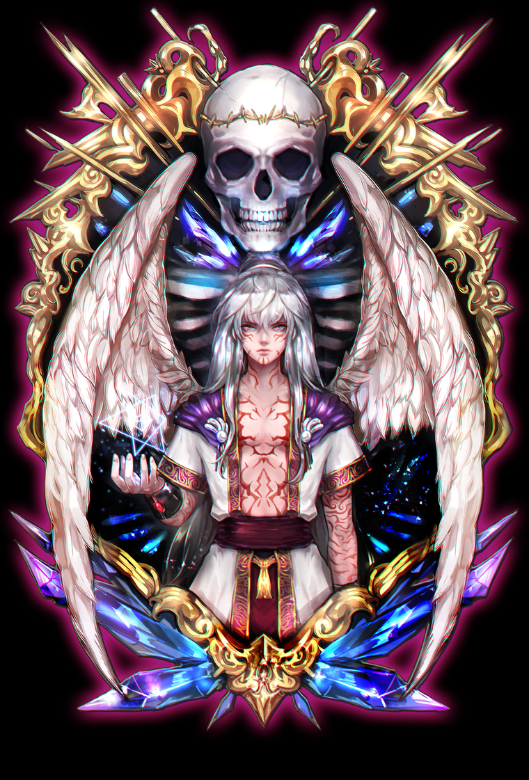 1boy arcturus arm_tattoo bangs black_background chest_tattoo closed_mouth commentary cowboy_shot crystal facial_tattoo feathered_wings gold grey_eyes long_hair looking_at_viewer magic male_focus open_clothes open_shirt ponytail ribs ruck sash shirt sizz_(arcturus) skull solo tattoo white_hair white_shirt white_wings wings