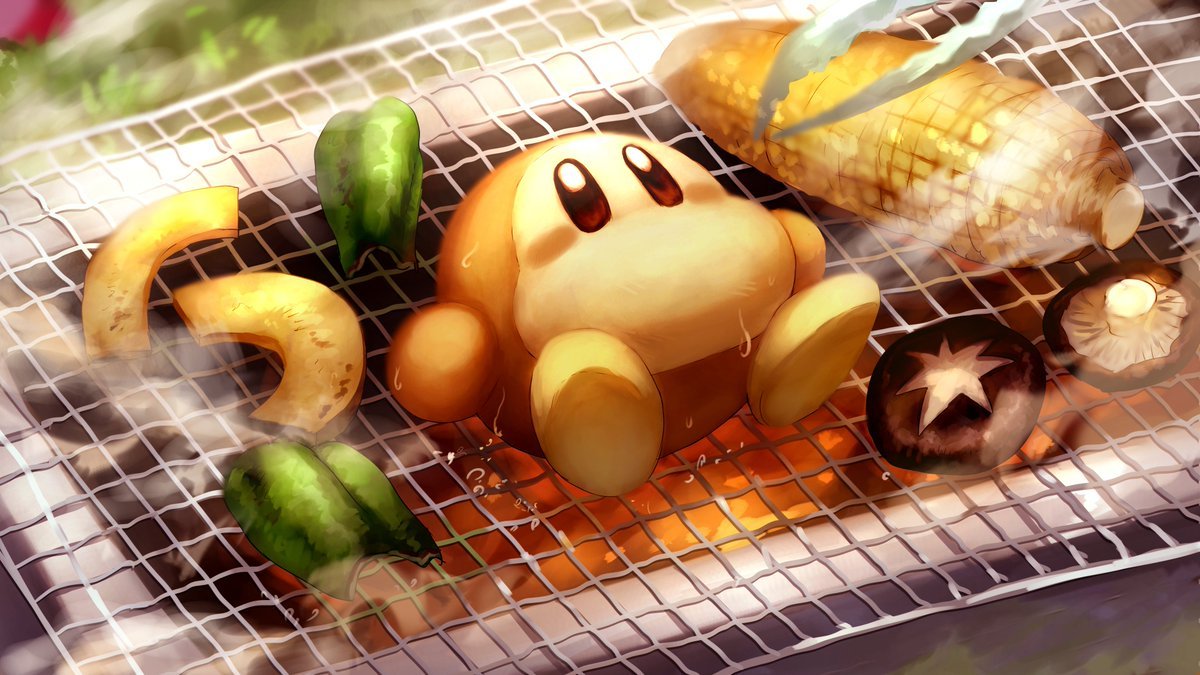 blush_stickers brown_eyes corn fire grill kirby_(series) lying mushroom on_back peppers peril shiburingaru smoke steam sweat tongs waddle_dee