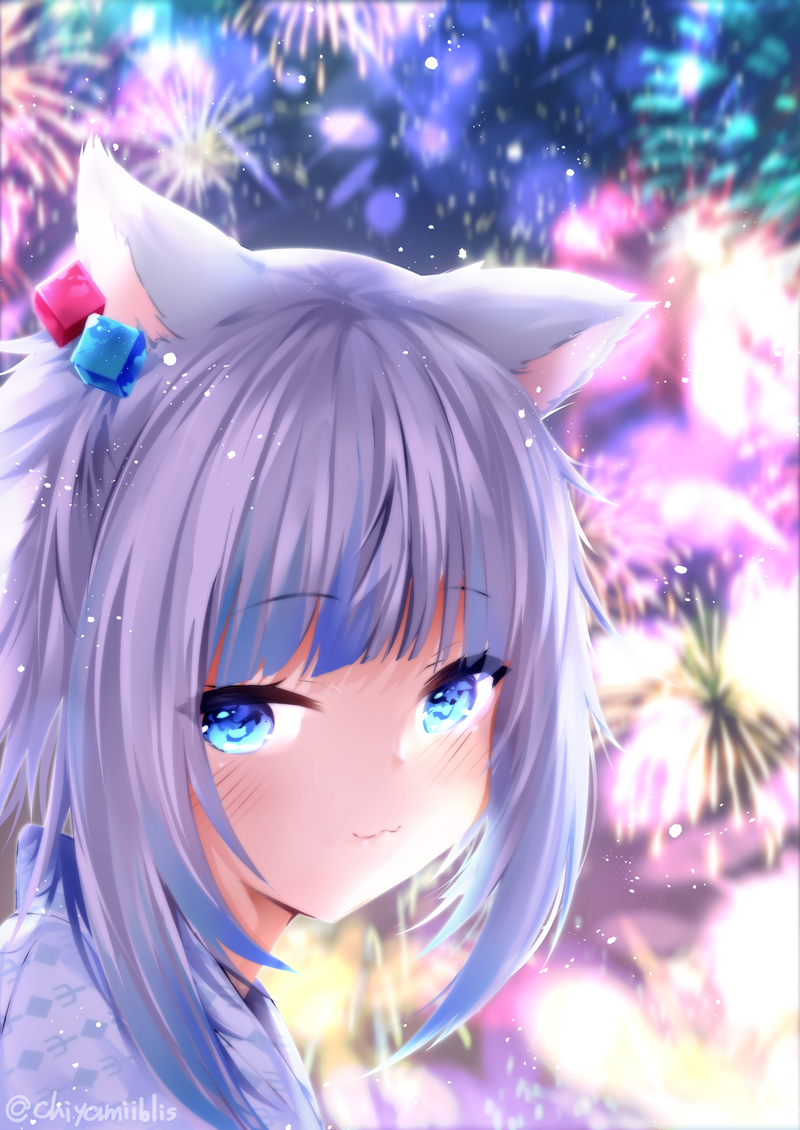 1girl :3 aerial_fireworks animal_ears blue_eyes blue_hair blurry blurry_background blush cat_ears chiyami closed_mouth commentary_request depth_of_field fireworks gawr_gura grey_hair hair_cubes hair_ornament hololive hololive_english japanese_clothes kimono multicolored_hair portrait side_ponytail solo streaked_hair tanabata twitter_username virtual_youtuber white_kimono