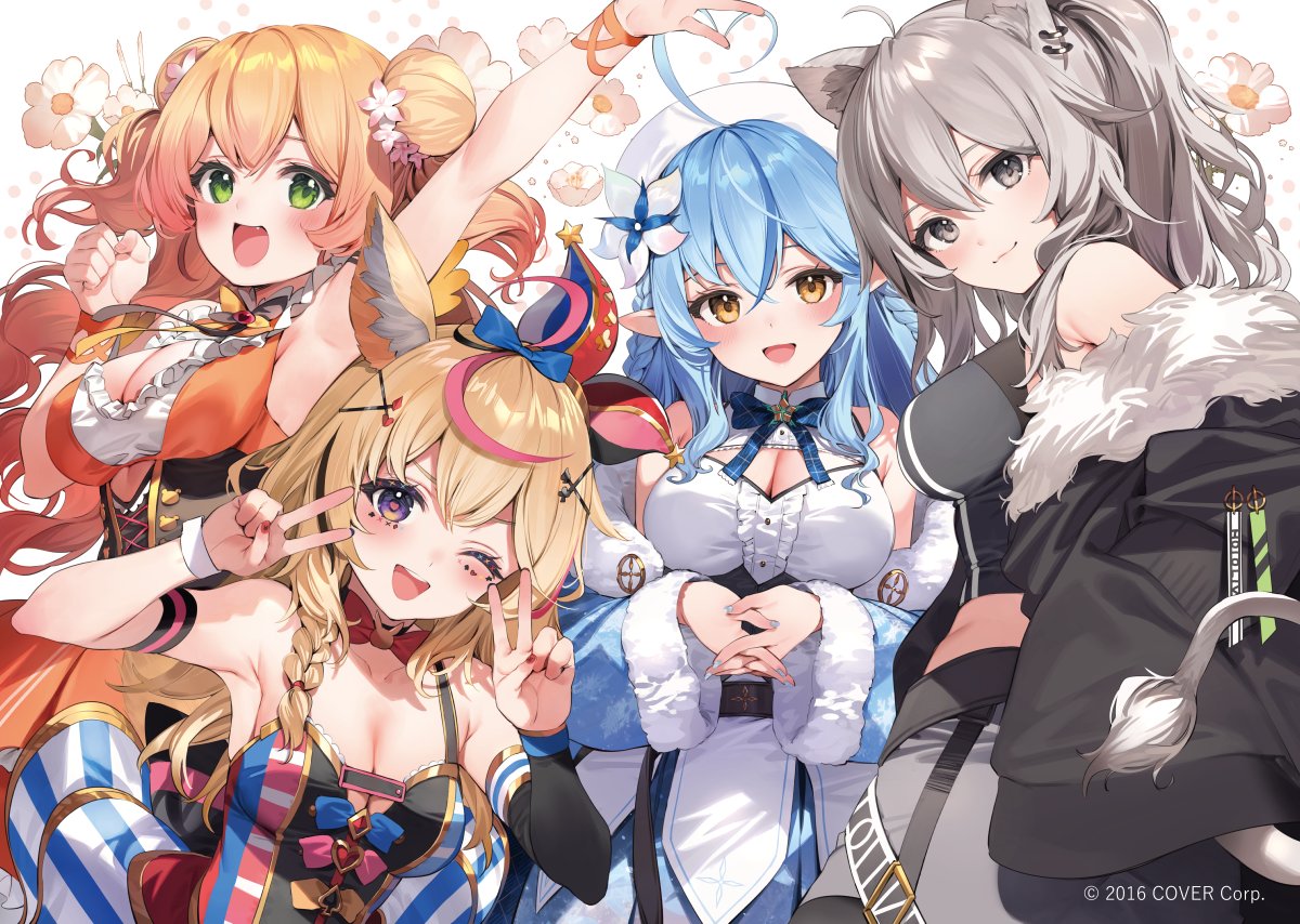 4girls ahoge animal_ears banned_artist blonde_hair blush breasts double_bun flower fox_ears fox_girl fur_trim green_eyes grey_eyes grey_hair hair_between_eyes hair_flower hair_ornament hololive jacket large_breasts lion_ears lion_girl long_hair looking_at_viewer momosuzu_nene multicolored_hair multiple_girls omaru_polka open_mouth parsley-f pink_hair purple_eyes shirt shishiro_botan smile solo two_side_up virtual_youtuber yukihana_lamy