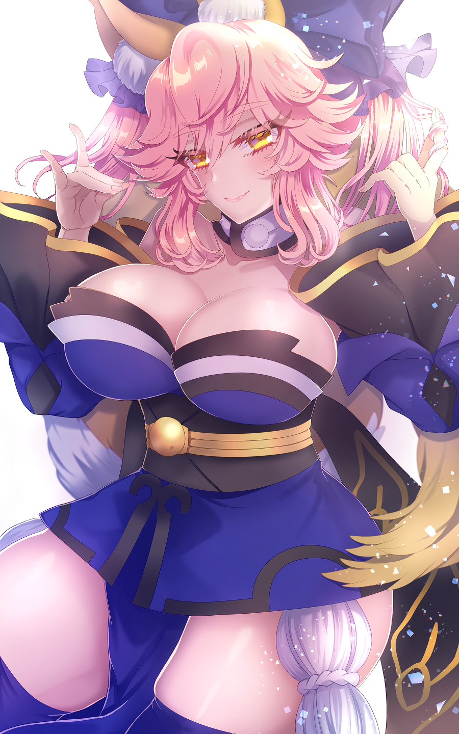 1girl animal_ear_fluff animal_ears blue_kimono blue_legwear blue_ribbon blush breasts cleavage collarbone eyebrows_visible_through_hair fate/extella fate/extra fate/grand_order fate_(series) fox_ears fox_girl fox_shadow_puppet fox_tail hair_ribbon highres japanese_clothes kimono large_breasts looking_away merichi_(ogaomega) pink_hair ribbon simple_background solo tail tamamo_(fate)_(all) tamamo_no_mae_(fate) white_background yellow_eyes