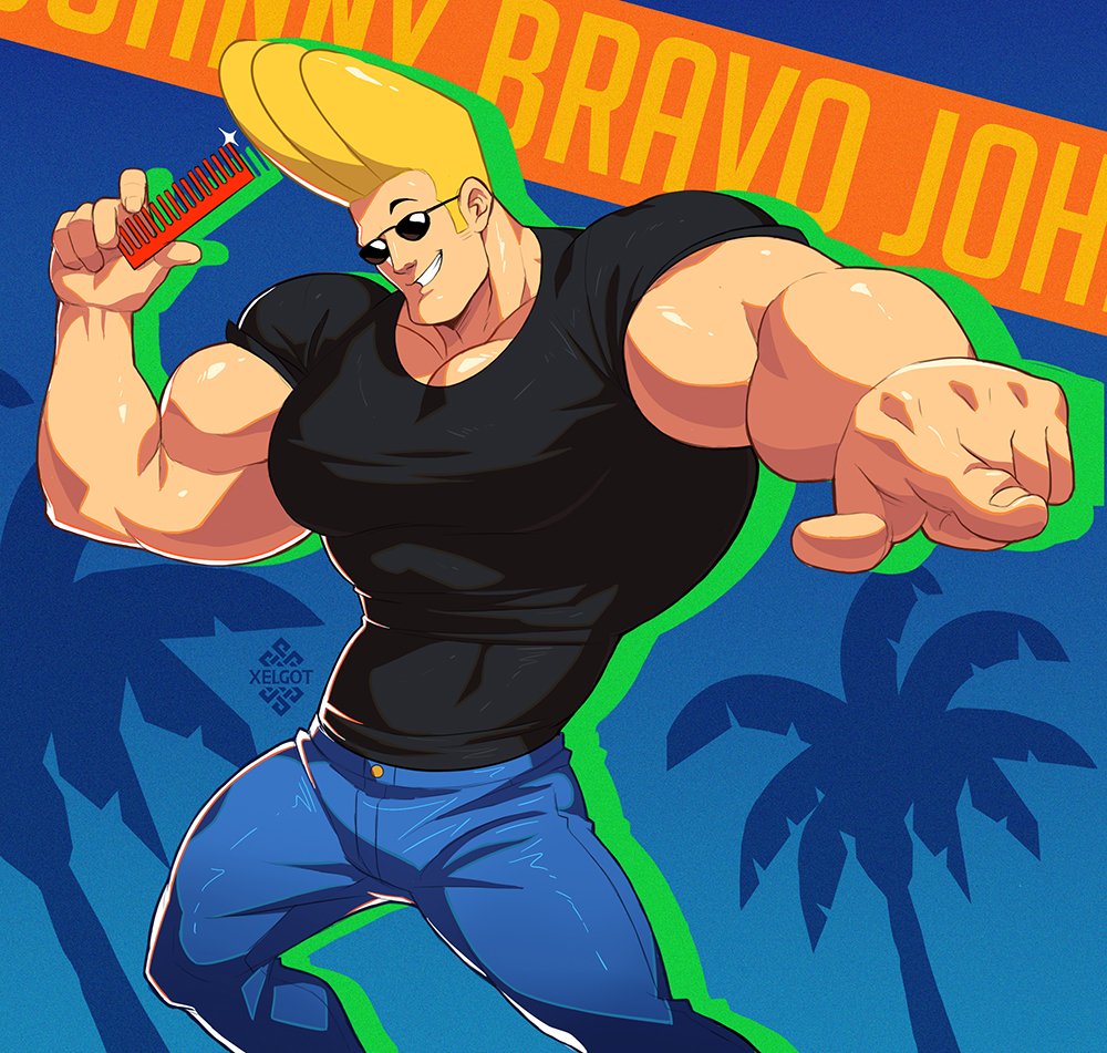 1boy bara biceps black_shirt blonde_hair comb denim feet_out_of_frame jeans johnny_bravo johnny_bravo_(series) large_pectorals long_sideburns male_cleavage male_focus muscular muscular_male pants pectorals pointing pointing_at_viewer shirt short_hair sideburns smirk solo sunglasses tight tight_shirt western xelgot