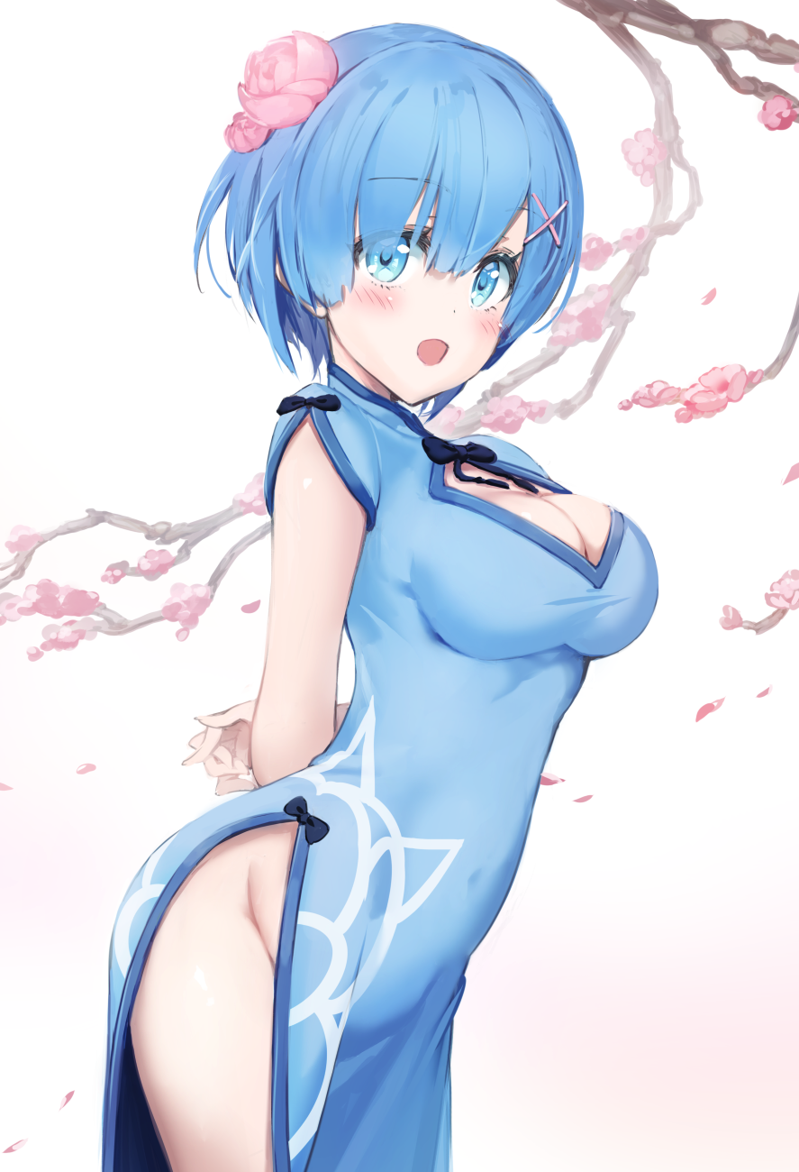 arms_behind_back blue_bow blue_dress blue_eyes blue_hair blush bow breasts china_dress chinese_clothes cleavage cleavage_cutout clothing_cutout commentary_request dress flower hair_flower hair_ornament hairclip highres large_breasts micopp no_panties open_mouth plum_blossoms re:zero_kara_hajimeru_isekai_seikatsu rem_(re:zero) side_slit thighs