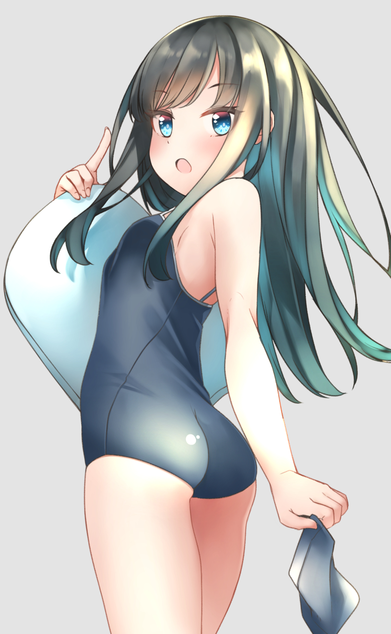 1girl asashio_(kancolle) ass bangs black_hair black_swimsuit blue_eyes blush breasts comah commentary_request competition_school_swimsuit cowboy_shot eyebrows_visible_through_hair from_behind grey_background highres holding holding_clothes kantai_collection kickboard long_hair looking_at_viewer looking_back one-piece_swimsuit open_mouth school_swimsuit simple_background small_breasts solo swimsuit towel