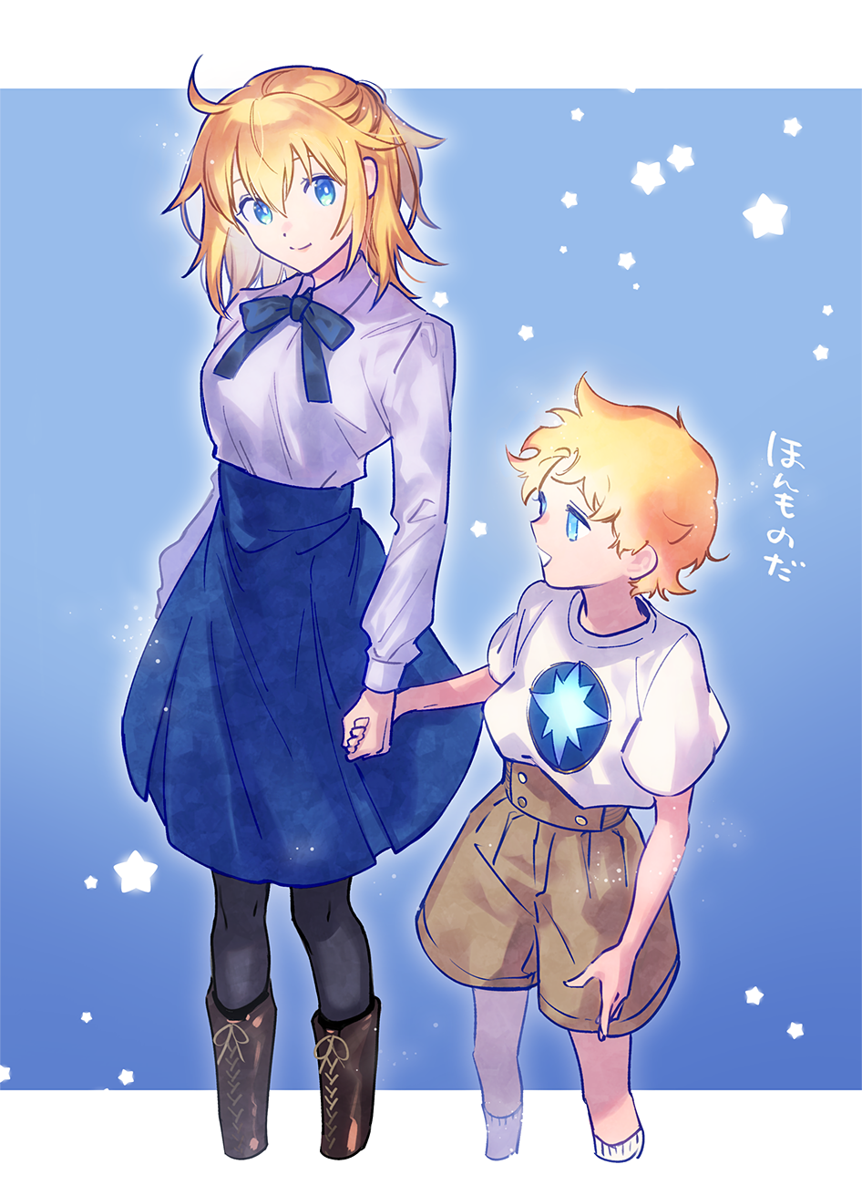 1boy 1girl ahoge ankle_boots artoria_pendragon_(all) bangs black_legwear blonde_hair blue_eyes blue_ribbon blue_skirt boots brown_shorts character_request child commentary_request fate/grand_order fate_(series) highres holding_hands long_sleeves looking_at_another medium_hair neck_ribbon pantyhose ribbon saber shirt_tucked_in short_sleeves shorts skirt smile socks translation_request uni_(nico02) voyager_(fate) white_legwear