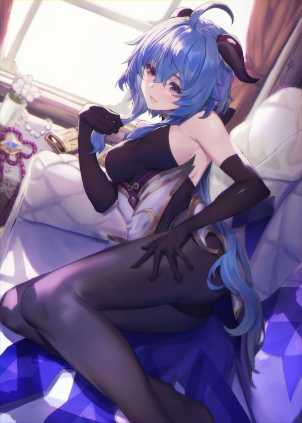 1girl ahoge alternate_costume bangs bare_shoulders black_gloves black_legwear blue_hair couch elbow_gloves flower ganyu_(genshin_impact) genshin_impact gloves hair_between_eyes horns indoors jewelry legs long_hair no_shoes on_couch open_mouth oukawa_yuu pantyhose purple_eyes smile solo thighs window