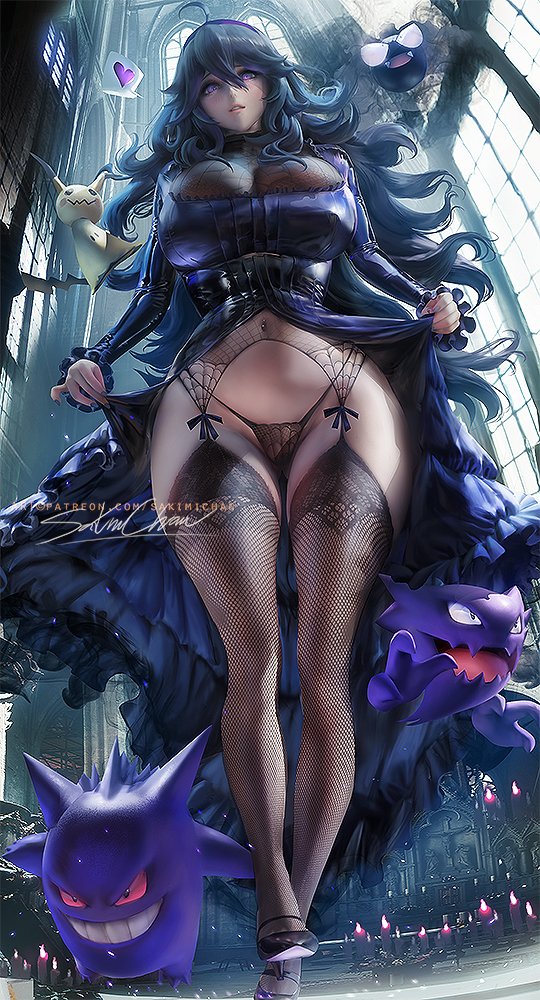 1girl ahoge alternate_breast_size artist_name bangs banned_artist black_footwear black_legwear breasts cathedral commentary dress english_commentary fingernails frilled_dress frilled_sleeves frills garter_belt gastly gen_1_pokemon gen_7_pokemon gengar hair_between_eyes hairband haunter heart hex_maniac_(pokemon) high_heels indoors lace lace-trimmed_legwear lace_panties lace_trim large_breasts long_dress long_hair long_sleeves looking_at_viewer looking_down messy_hair mimikyu nail_polish navel navel_piercing open_clothes open_dress panties patreon_username piercing pokemon pokemon_(creature) purple_eyes purple_hair purple_hairband purple_nails sakimichan shoes spoken_heart symbol_commentary underwear very_long_hair wide_hips