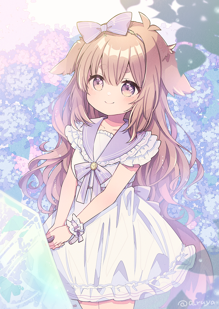 1girl animal_ears aruya_(flosrota) bangs blue_flower blush bow brown_eyes brown_hair closed_mouth commentary_request dog_ears dog_girl dog_tail dress eyebrows_visible_through_hair flower hair_between_eyes holding holding_umbrella hydrangea looking_at_viewer original pink_flower purple_bow purple_sailor_collar sailor_collar sailor_dress short_eyebrows single_wrist_cuff smile solo standing striped striped_bow tail thick_eyebrows transparent transparent_umbrella twitter_username umbrella white_dress wrist_cuffs