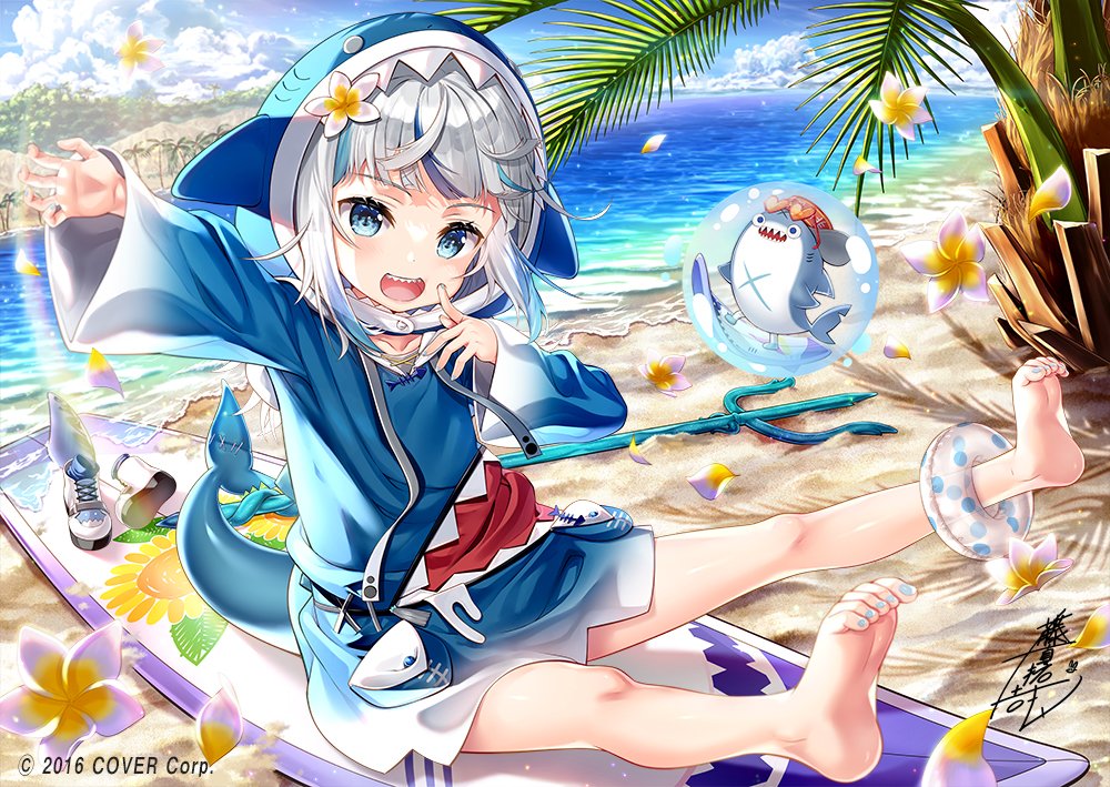 1girl bangs beach bloop_(gawr_gura) blue_eyes blue_hair blunt_bangs blush eyebrows_visible_through_hair fish_tail fujima_takuya gawr_gura hair_ornament hololive hololive_english hood hoodie long_hair looking_at_viewer multicolored_hair ocean official_art open_mouth shark_tail sharp_teeth silver_hair smile streaked_hair tail teeth virtual_youtuber