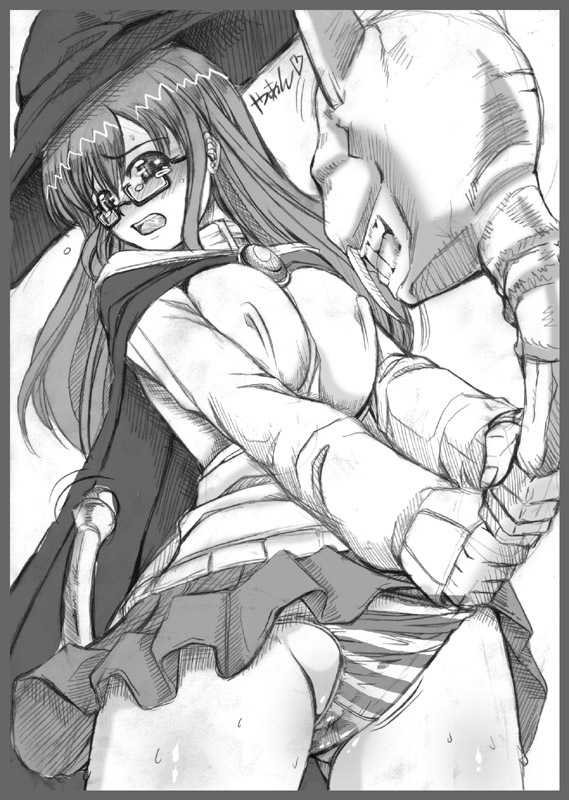 arcana_heart blush breasts brooch cape covered_nipples fang glasses greyscale grin groin hat jewelry large_breasts long_hair mike_(arcana_heart) monochrome open_mouth panties panty_pull pantyshot pleated_skirt school_uniform signature sketch skirt skirt_lift skull smile staff striped striped_panties sweat sweater tears turtleneck underwear witch witch_hat yasuzumi_yoriko