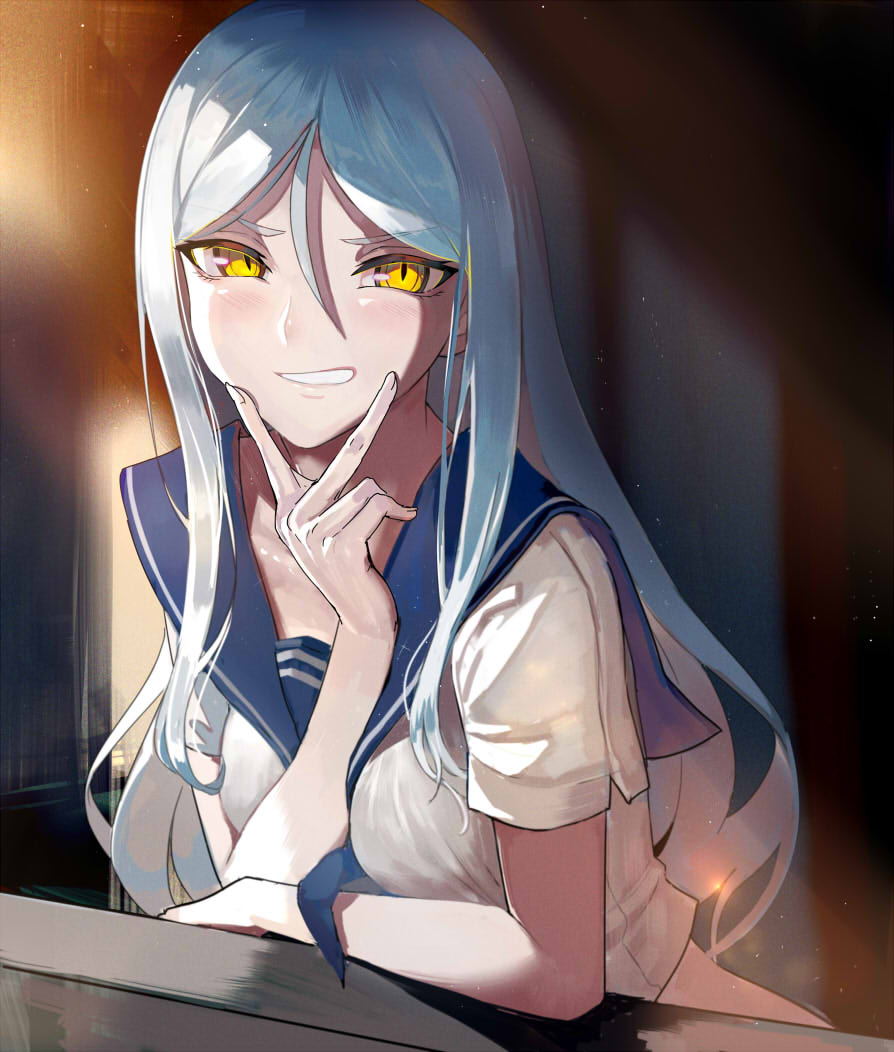 1girl abyssal_ship eyebrows_visible_through_hair grey_hair hair_between_eyes hand_up kantai_collection leaning_on_object long_hair looking_at_viewer neckerchief open_mouth sailor_collar sailor_shirt shiny shiny_skin shirt short_sleeves slit_pupils smile solo ta-class_battleship upper_body v walzrj yellow_eyes