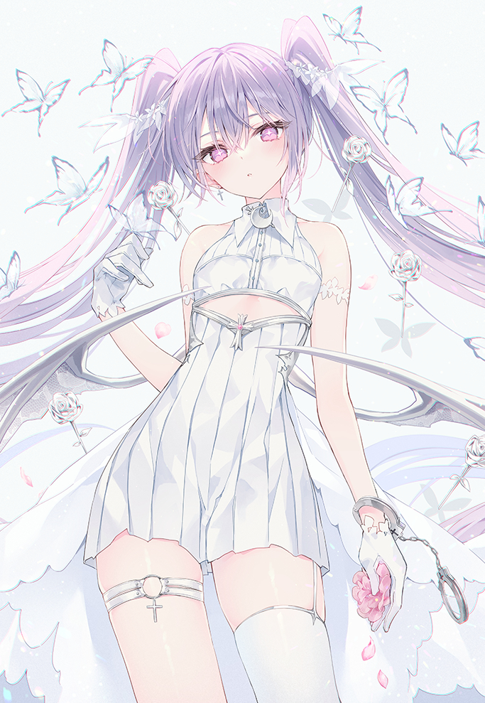 +_+ 1girl banned_artist bare_arms bare_shoulders bug butterfly cowboy_shot cuffs dress flat_chest garter_straps gloves handcuffs insect long_hair looking_at_viewer original parted_lips pink_eyes pleated_dress purple_hair rurudo short_dress single_thighhigh sleeveless sleeveless_dress solo thigh_strap thighhighs thighs twintails very_long_hair white_dress white_gloves white_legwear
