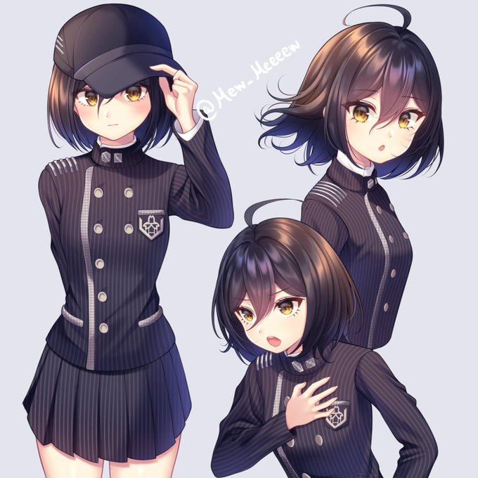 1girl :o ahoge bangs banned_artist baseball_cap black_hair black_skirt blue_hair bob_cut breasts buttons collared_jacket collared_shirt danganronpa_(series) danganronpa_v3:_killing_harmony detective determined double-breasted foot_out_of_frame genderswap genderswap_(mtf) hair_between_eyes hat long_sleeves looking_at_viewer looking_to_the_side miniskirt nabekokoa open_mouth pleated_skirt saihara_shuuichi school_uniform shirt short_hair skirt small_breasts thighs third-party_source uniform upper_body upper_teeth yellow_eyes