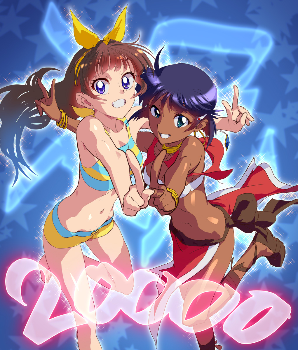 2girls amanogawa_kirara breasts brown_hair cleavage crossover fushigi_no_umi_no_nadia go!_princess_precure green_eyes hair_ribbon highres long_hair medium_breasts midriff milestone_celebration multiple_girls nadeara_bukichi nadia navel pointing pointing_at_viewer precure purple_hair ribbon short_hair small_breasts smile swimsuit v yellow_ribbon