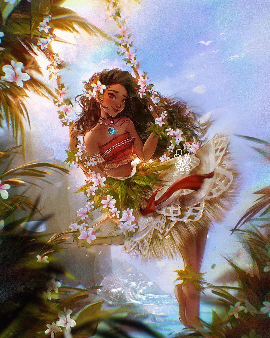 1girl brown_eyes brown_hair brown_lips cliff crop_top curly_hair dark-skinned_female dark_skin flower full_body glowing_neckwear grass_anklet grass_bracelet grass_skirt hair_blowing hair_flower hair_ornament hibiscus highres island jewelry long_hair moana_(disney) moana_(movie) moana_waialiki necklace ocean palm_leaf palm_tree red_shirt roytheart shirt sitting solo swing swinging traditional_clothes tree water waving white_flower