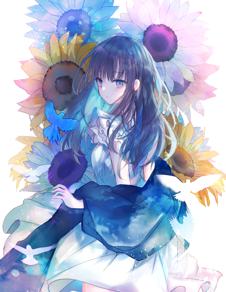 1girl bangs bird black_hair black_shawl blue_bird blue_flower blue_hair colored_inner_hair commentary dress empty_eyes expressionless eyebrows_visible_through_hair flower frilled_dress frills highres kazu_(muchuukai) long_hair looking_at_viewer looking_back multicolored_hair original purple_eyes red_flower shawl sidelocks simple_background sleeveless sleeveless_dress solo sunflower upper_body white_background white_bird white_dress yellow_flower