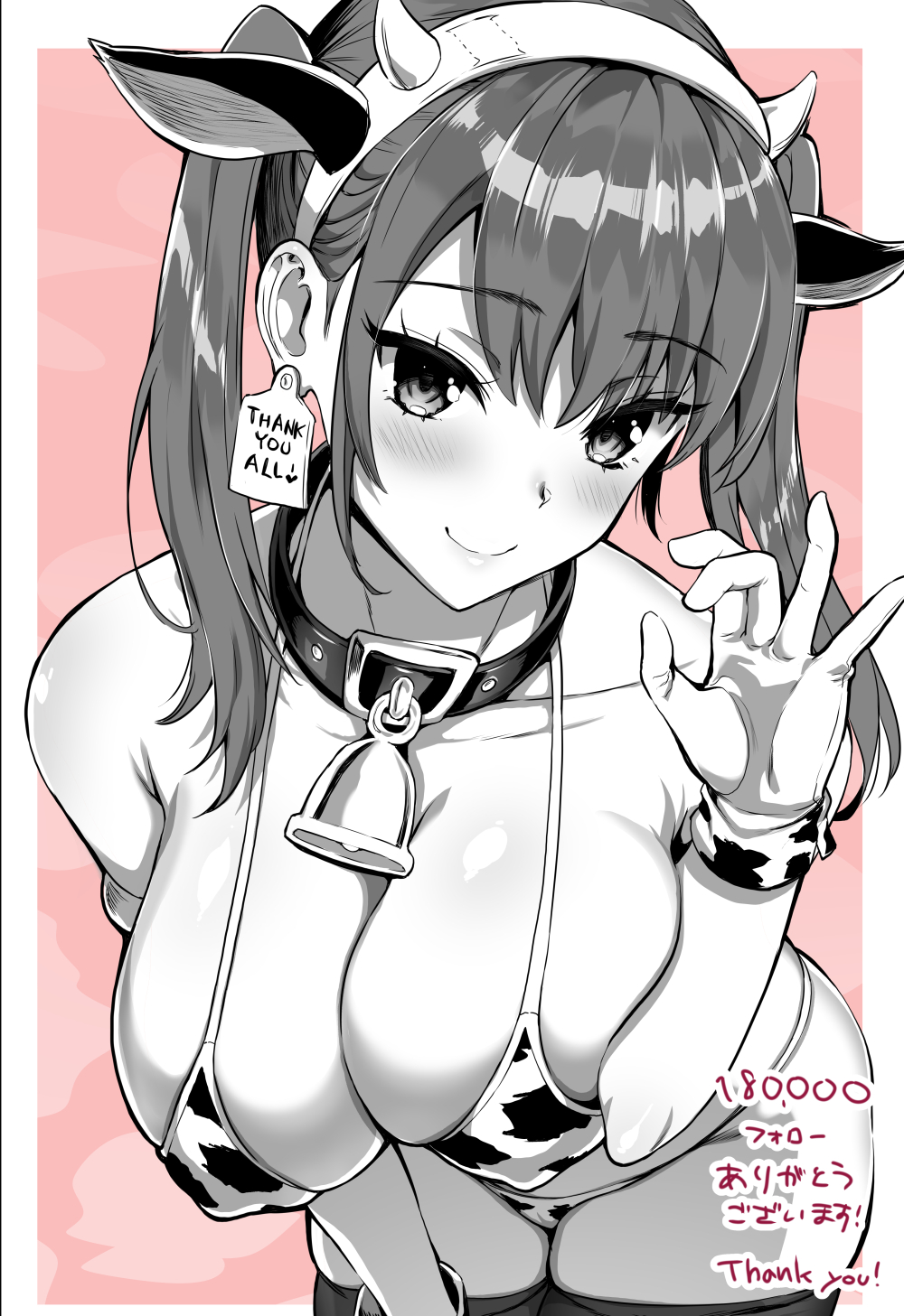 1girl animal_ears animal_print bangs bell breasts cleavage closed_mouth collar commentary_request covered_nipples cow_ears cow_horns cow_print ear_tag eyebrows_visible_through_hair greyscale handjob_gesture highres horns kojima_saya large_breasts leaning_forward looking_at_viewer medium_hair monochrome neck_bell number original sexually_suggestive skindentation smile solo thank_you thighhighs twintails wrist_cuffs