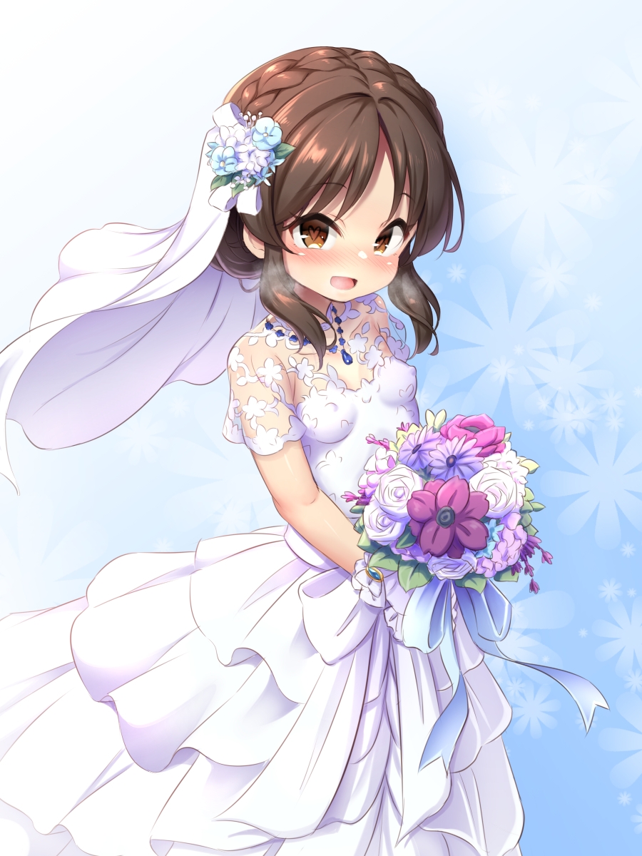 1girl blush bouquet braid breasts bridal_veil bride brown_eyes brown_hair covered_nipples dress elbow_gloves flower gloves highres holding holding_bouquet idolmaster idolmaster_cinderella_girls japanese_clothes musouzuki perky_breasts rose tachibana_arisu veil wedding_dress white_dress white_gloves