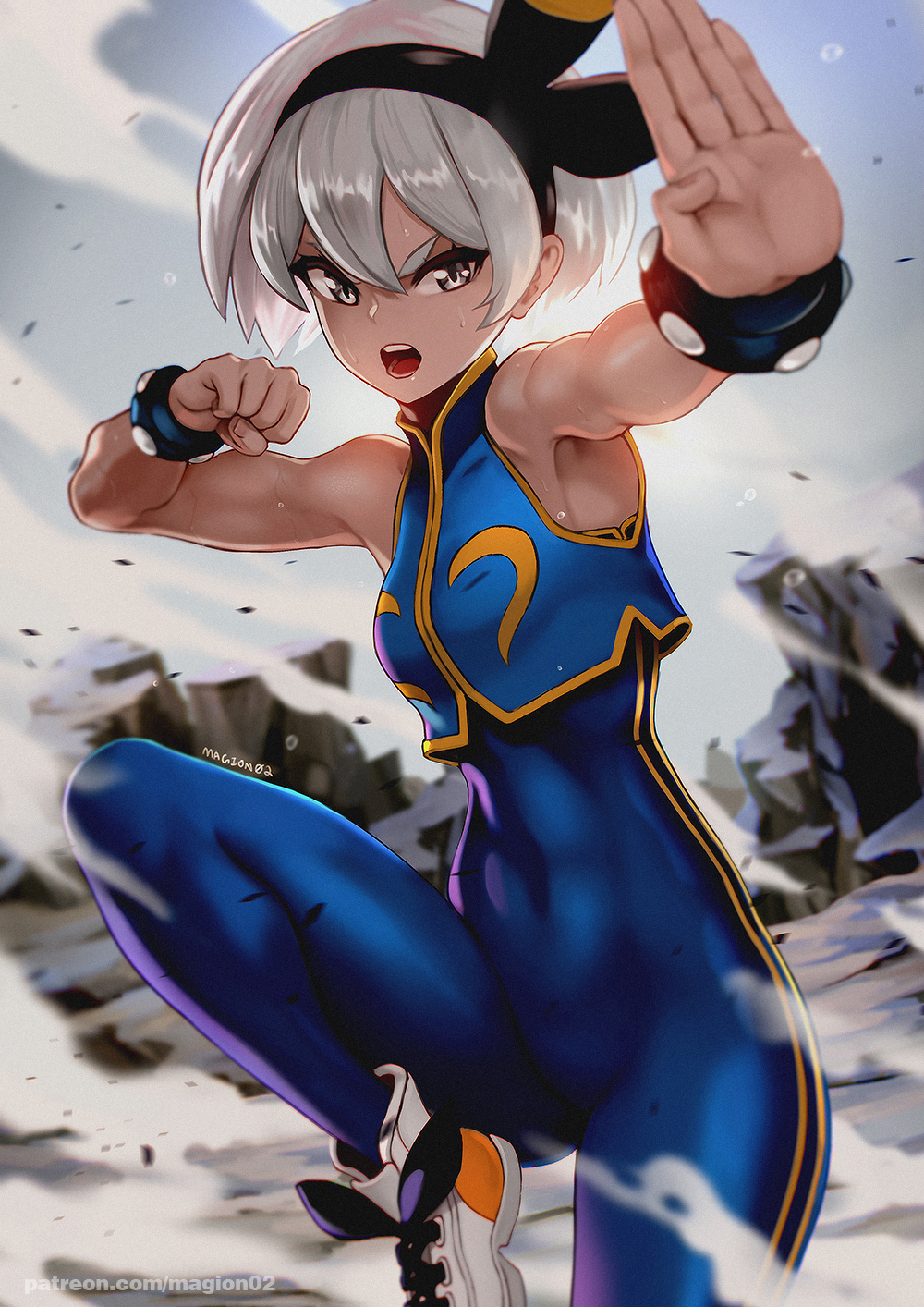 1girl ankle_boots bea_(pokemon) black_hairband blue_bodysuit blue_vest blurry blurry_background bodysuit boots breasts chun-li chun-li_(cosplay) clenched_hand cosplay covered_abs covered_navel dark-skinned_female dark_skin english_commentary fighting_stance fingernails hairband highres magion02 open_mouth pokemon pokemon_(game) pokemon_swsh short_hair silver_eyes silver_hair sleeveless small_breasts smoke solo standing standing_on_one_leg street_fighter street_fighter_zero_(series) striped studded_bracelet sweat vertical_stripes vest white_footwear