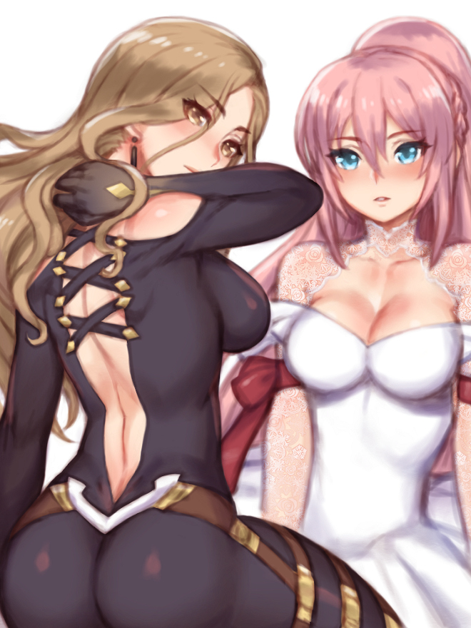 2girls ass black_bodysuit black_gloves blue_eyes blush bodysuit bow breasts brown_eyes brown_hair cleavage dress earrings folks_(nabokof) gloves jewelry kisara_(tales) long_hair looking_at_viewer looking_back multiple_girls parted_lips pink_hair ponytail red_bow shionne_(tales) simple_background tales_of_(series) tales_of_arise white_background white_dress