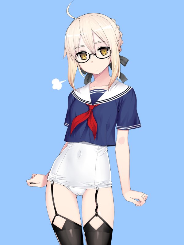 1girl ahoge arms_at_sides artoria_pendragon_(all) black-framed_eyewear black_legwear black_ribbon blonde_hair blue_background blue_shirt braid braided_bun cameltoe closed_mouth covered_navel cowboy_shot fate/grand_order fate_(series) garter_straps glasses hair_ribbon looking_at_viewer mysterious_heroine_x_(alter)_(fate) namonashi neckerchief one-piece_swimsuit red_neckwear ribbon round_eyewear sailor_collar school_swimsuit school_uniform semi-rimless_eyewear serafuku shirt short_sleeves simple_background solo standing swimsuit thighhighs under-rim_eyewear white_sailor_collar white_swimsuit yellow_eyes