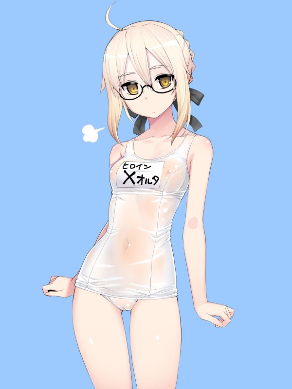 1girl ahoge arms_at_sides artoria_pendragon_(all) black-framed_eyewear black_ribbon blonde_hair blue_background braid braided_bun breasts cameltoe closed_mouth covered_navel cowboy_shot fate/grand_order fate_(series) glasses hair_ribbon looking_at_viewer mysterious_heroine_x_(alter)_(fate) name_tag namonashi one-piece_swimsuit ribbon round_eyewear school_swimsuit semi-rimless_eyewear simple_background small_breasts solo standing swimsuit under-rim_eyewear white_swimsuit yellow_eyes