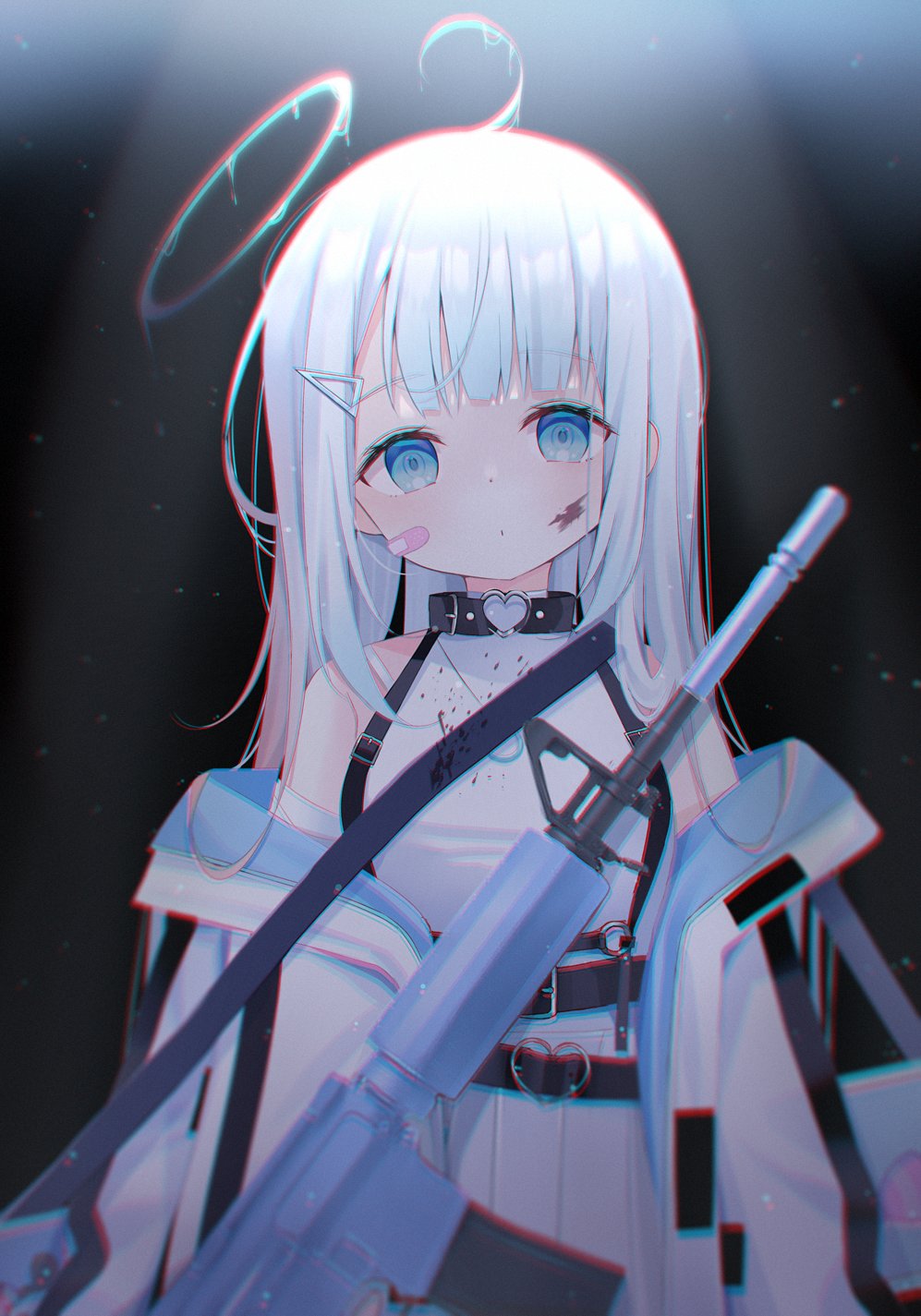 1girl ahoge amatsuka_uto anaglyph assault_rifle bandaid bandaid_on_cheek bangs bare_shoulders black_background blood blood_on_face blue_eyes blush chromatic_aberration closed_mouth deyui dissolving eyebrows_visible_through_hair gun hair_ornament hairclip halo heart heart_ring highres indie_virtual_youtuber jacket light_rays long_hair looking_at_viewer m4_carbine o-ring off_shoulder open_clothes open_jacket pleated_skirt rifle shirt silver_hair skirt sleeveless sleeveless_shirt solo spotlight virtual_youtuber weapon white_jacket white_shirt white_skirt