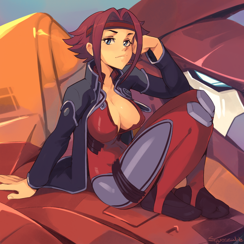 1girl black_jacket blue_bodysuit blue_eyes bodysuit breasts cleavage code_geass covered_nipples full_body grey_background guren_seiten hair_intakes headband jacket kallen_stadtfeld large_breasts mecha multicolored multicolored_bodysuit multicolored_clothes no_bra partially_unzipped pilot_suit pointy_breasts purple_hair red_bodysuit red_headband reward_available solo squeezable_(artist) stirrup_legwear toeless_legwear