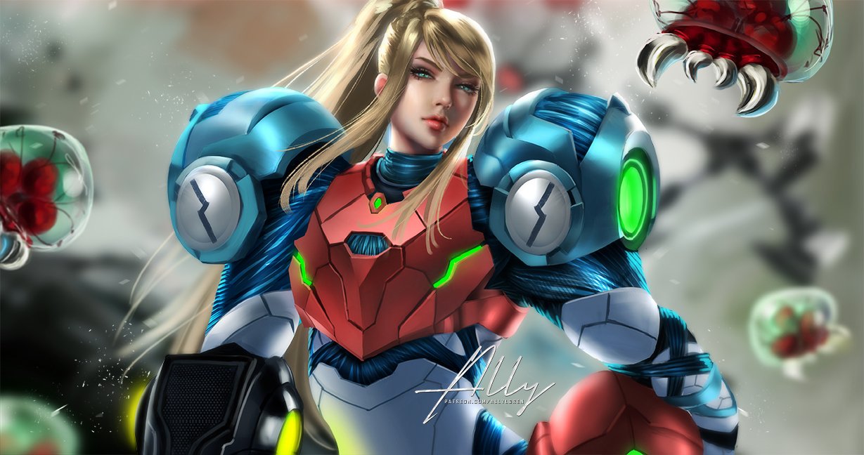 1girl allyloren arm_cannon armor blonde_hair blue_eyes drawings flash_game glowing gun helmet long_hair looking_at_viewer metroid metroid_(creature) metroid_dread mole mole_under_mouth painting ponytail power_armor samus_aran science_fiction sidelocks simple_background solo upper_body varia_suit visor weapon