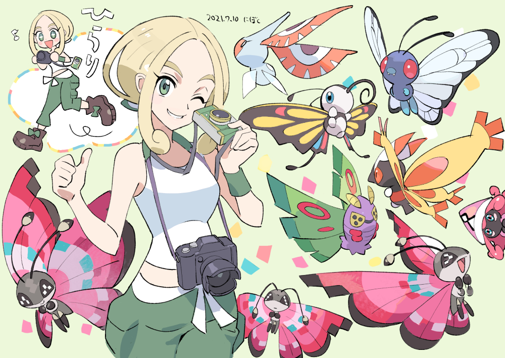 1girl beautifly belt blonde_hair butterfree camera commentary_request dated dustox eyelashes gen_1_pokemon gen_3_pokemon gen_4_pokemon gen_6_pokemon gen_7_pokemon green_eyes green_pants green_wristband gym_leader holding holding_camera legendary_pokemon masquerain mothim nibo_(att_130) one_eye_closed pants photographer pokemon pokemon_(creature) pokemon_(game) pokemon_xy shirt sleeveless sleeveless_shirt smile tapu_lele thumbs_up viola_(pokemon) vivillon vivillon_(meadow) white_belt white_shirt wristband