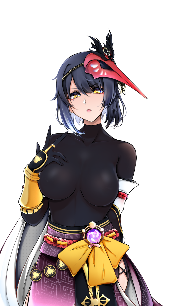 1girl armor black_hair bodysuit genshin_impact gloves hand_on_own_chest highres kujou_sara_(genshin_impact) longxueer mask short_hair solo transparent_background yellow_eyes