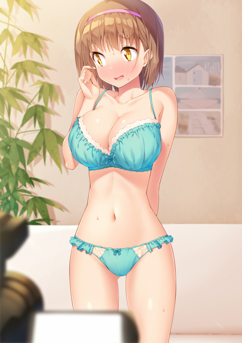 1girl arm_behind_back bare_arms bare_shoulders blue_bra blue_panties blurry blurry_foreground blush bow bow_panties bra breasts brown_hair collarbone commentary_request embarrassed frilled_bra frilled_panties frills hairband highres ichi_makoto indoors large_breasts looking_away looking_to_the_side navel nose_blush original panties pink_hairband solo stomach sweat underwear underwear_only yellow_eyes