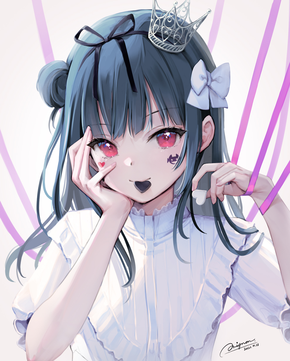 1girl bangs black_ribbon blue_hair blunt_bangs bow candy chocolate chocolate_heart closed_mouth commentary_request crown dated eyebrows_visible_through_hair eyelashes facepaint food food_in_mouth frills hair_bow hair_bun hair_ribbon hand_on_own_cheek hand_on_own_face heart highres holding long_hair looking_at_viewer love_live! love_live!_sunshine!! mignon mouth_hold pink_eyes pink_ribbon ribbon short_sleeves side_bun signature smile solo tsushima_yoshiko upper_body white_bow