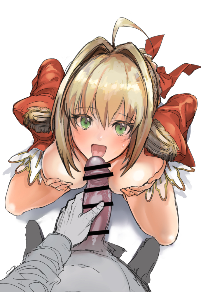 1boy 1girl ahoge bangs blonde_hair blush braid breast_hold breasts breasts_outside cleavage clothes_pull dress dress_pull epaulettes erection fate/extra fate_(series) fellatio french_braid green_eyes hair_bun hair_intakes hair_ribbon hetero juliet_sleeves kneeling large_breasts long_hair long_sleeves looking_at_viewer looking_up nero_claudius_(fate) nero_claudius_(fate)_(all) open_mouth oral penis pov puffy_sleeves red_dress red_ribbon ribbon smile tongue tongue_out ysmmzr