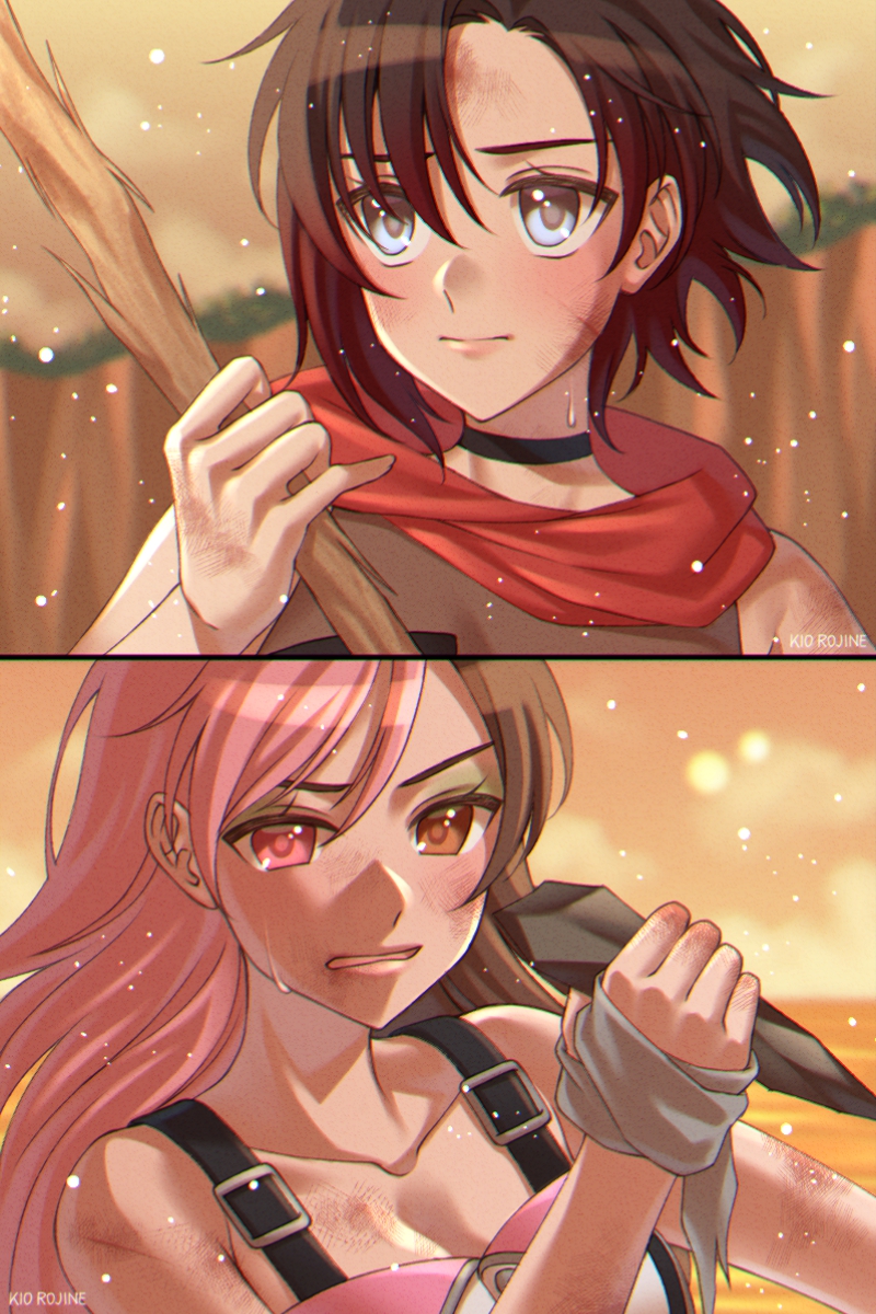 2girls bandaged_hand bare_shoulders black_hair breasts brown_eyes brown_hair bruise bruise_on_face choker cleavage close-up closed_mouth collarbone colored_tips confrontation crying crying_with_eyes_open dagger face grey_eyes heterochromia highres holding holding_dagger holding_stick holding_weapon hood injury kio_rojine knife lips long_hair multicolored_hair multiple_girls neo_politan open_mouth pink_eyes pink_hair red_hair ruby_rose rwby sad scratches short_hair stick streaming_tears suspenders sweat tears two-tone_hair v-shaped_eyebrows weapon