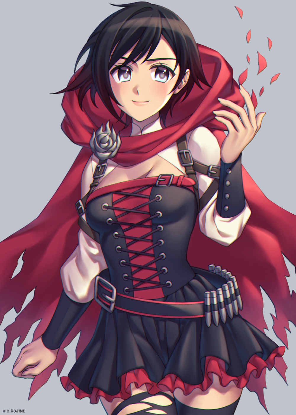 1girl ammunition_belt bangs belt black_hair black_legwear breasts cape cleavage closed_mouth colored_tips corset cowboy_shot frills grey_eyes highres hood kio_rojine lips petals pleated_skirt red_cape red_hair red_hood ruby_rose rwby short_hair signature skirt small_breasts solo suspenders thighhighs torn_cape torn_clothes torn_legwear wrist_cuffs zettai_ryouiki